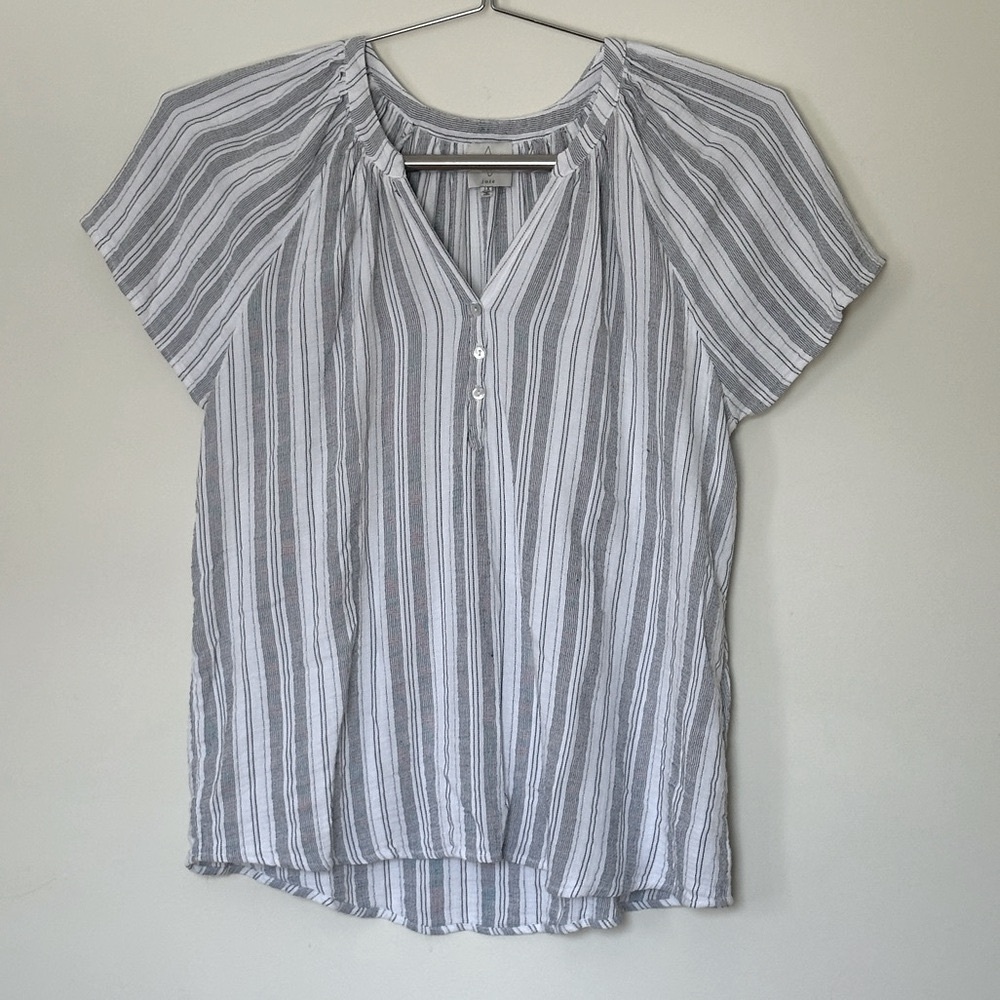 Joie Women’s Light Gray Striped Boho V-Neck Short Sleeve Blouse Size 1X